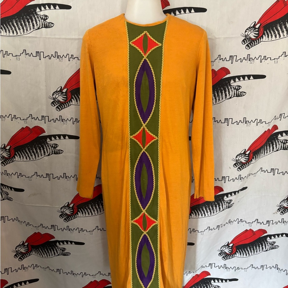 Vintage Harlequin Yellow Orange Dress with Green and Purple Center Panel